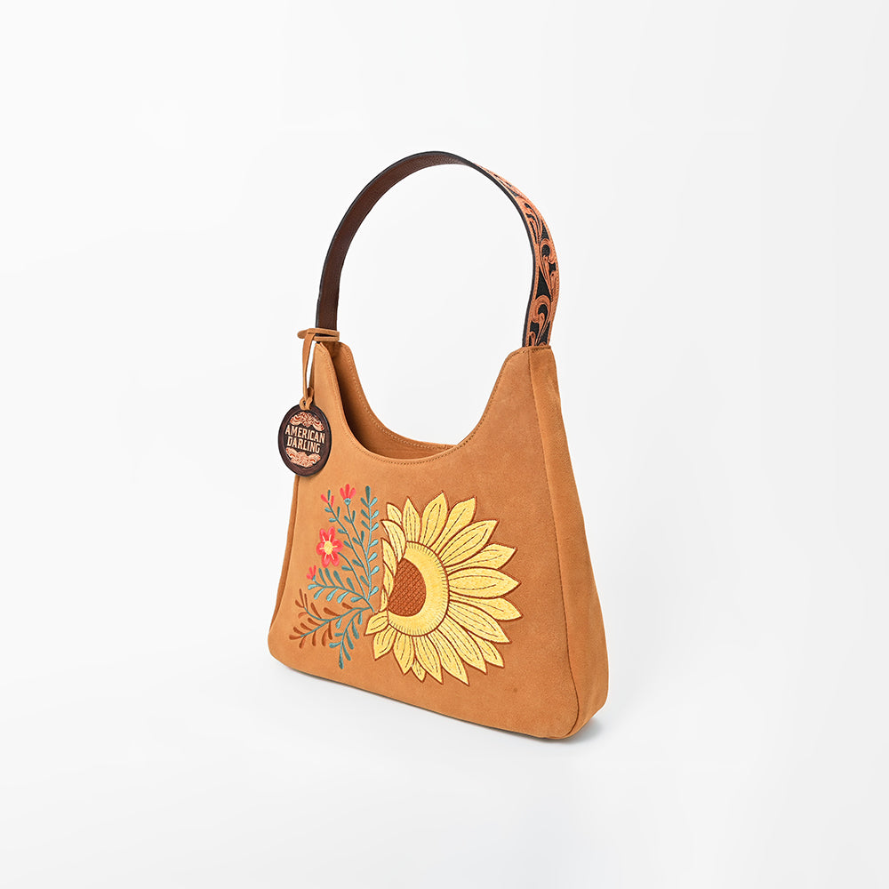 American Darling Women's Genuine Suede Leather Sunflower Embroidered Shoulder Hobo Handbag Tan Boutique Fashion Purse