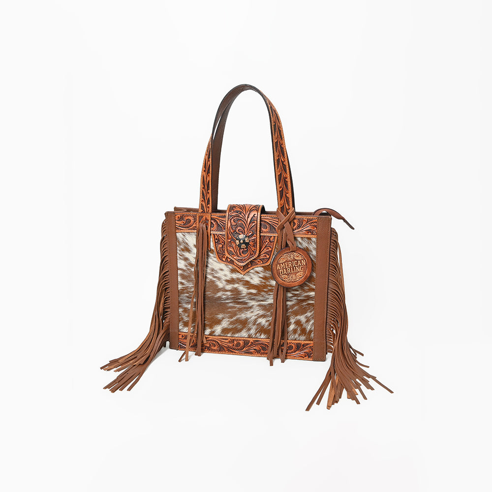 American Darling Genuine Leather Hair-On Cowhide Tooled Fringe Tote Bag