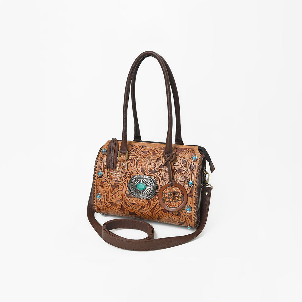 American Darling Western Tooled Leather Tote Bag with Turquoise Concho