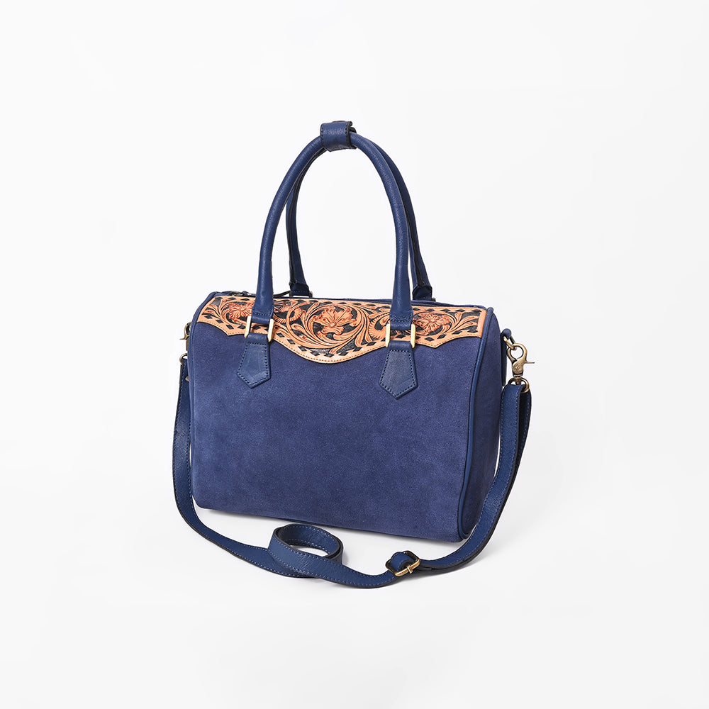 American Darling Navy Blue Suede Tote Bag w/ Floral Tooled Leather
