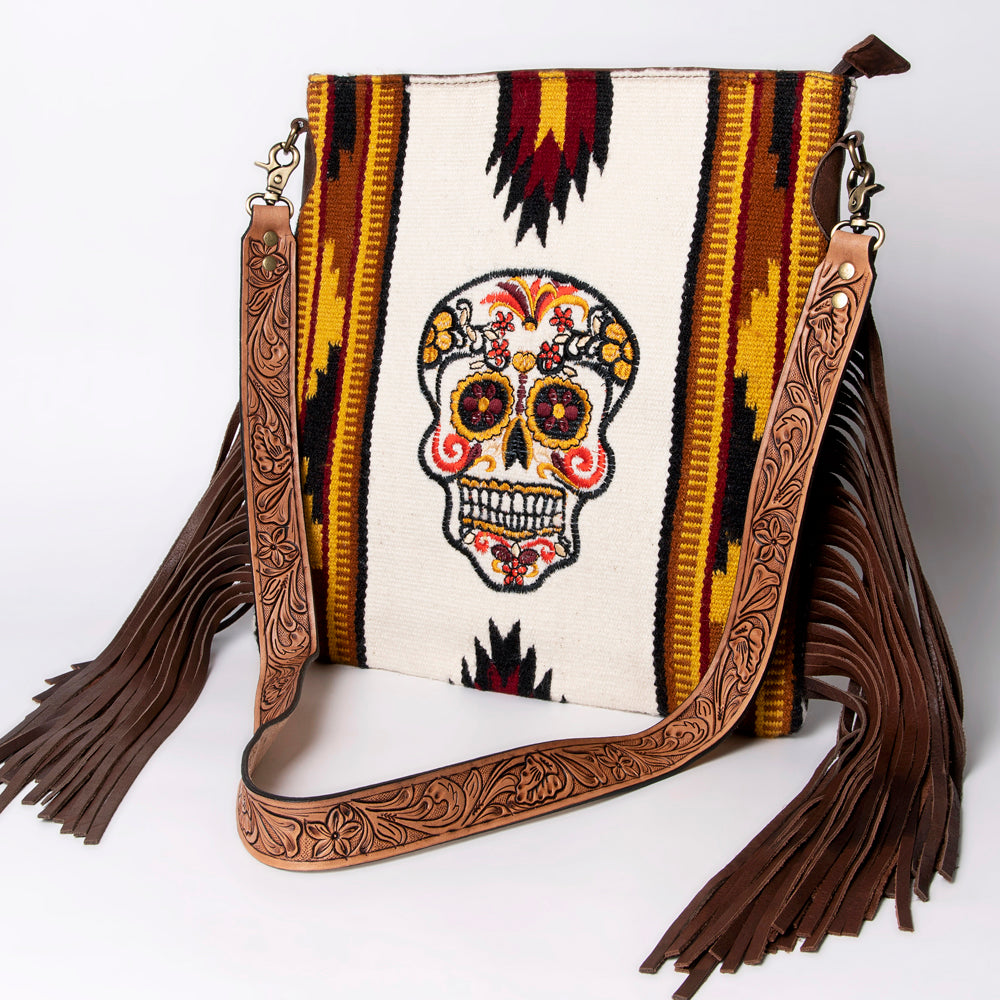 American Darling Woven Sugar Skull Handbag – Southwestern Striped Purse with Embroidered Skull, Tooled Leather Strap & Fringe