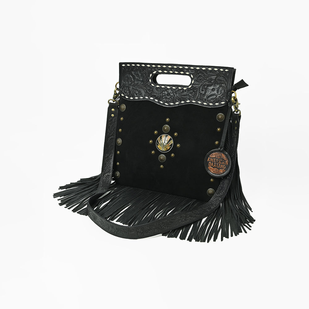 American Darling Clutch Bag Hand Tooled Floral Genuine Leather Western Purse with Fringes Concho and YKK Zipper