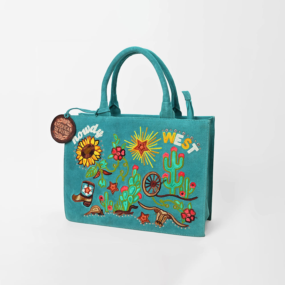 American Darling Women's Turquoise Western Tote Bag with Colorful Desert Embroidery Sunflower