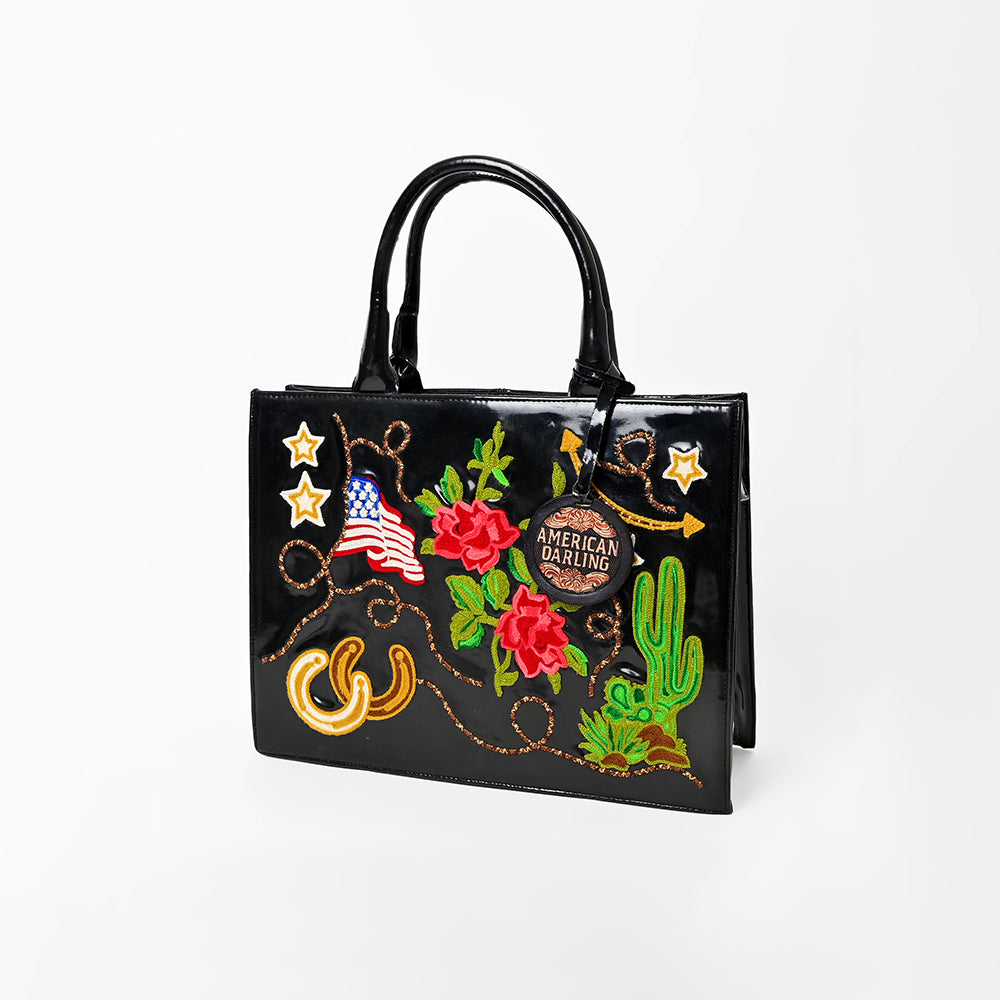 American Darling Women's Western Patent Leather Tote Handbag, Embroidered Floral Cactus Horseshoe USA Flag Purse