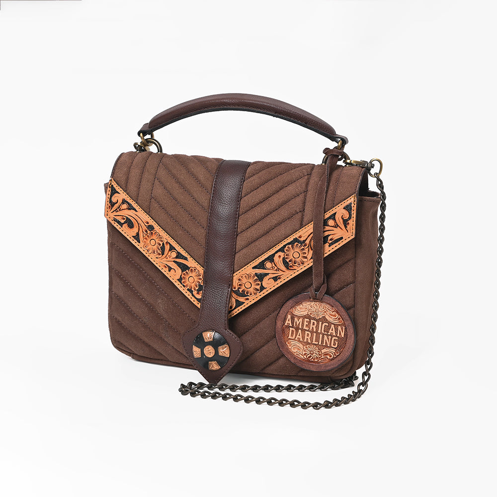 American Darling Women's Western Quilted Suede Crossbody Purse with Tooled Leather Trim, Chain Strap, Top Handle