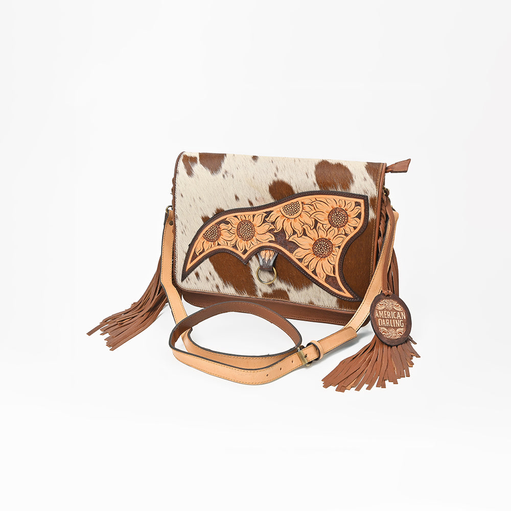 American Darling Cowhide Leather Handbag with Sunflower Tooled Flap & Fringe Accents