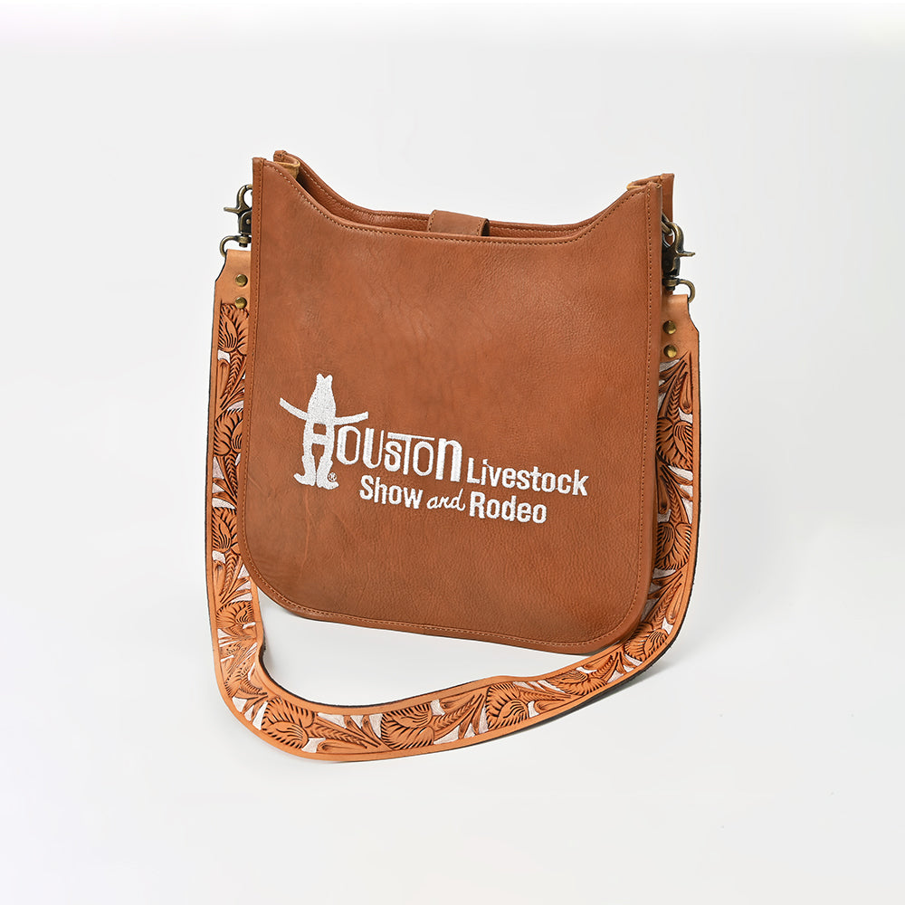 Showground Rodeo Genuine Leather White Embroidered Crossbody Bag Hand-Tooled Floral Strap | Houston Livestock Show and Rodeo