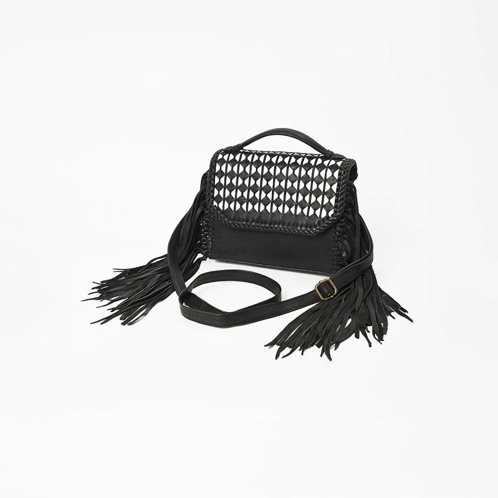 American Darling Leather Fringe Crossbody Bag with Geometric Cutout Flap