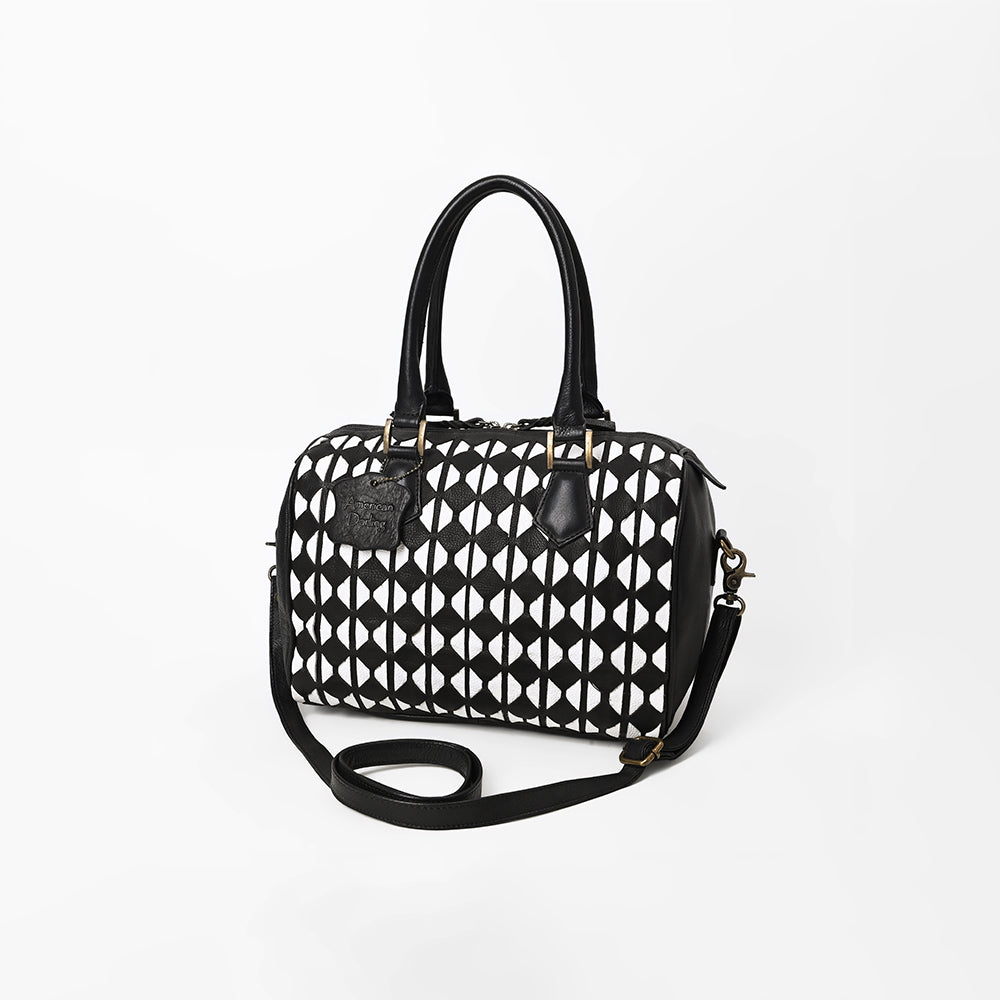 American Darling Black Geometric Hair-On Hide Leather Bowler Speedy Bag