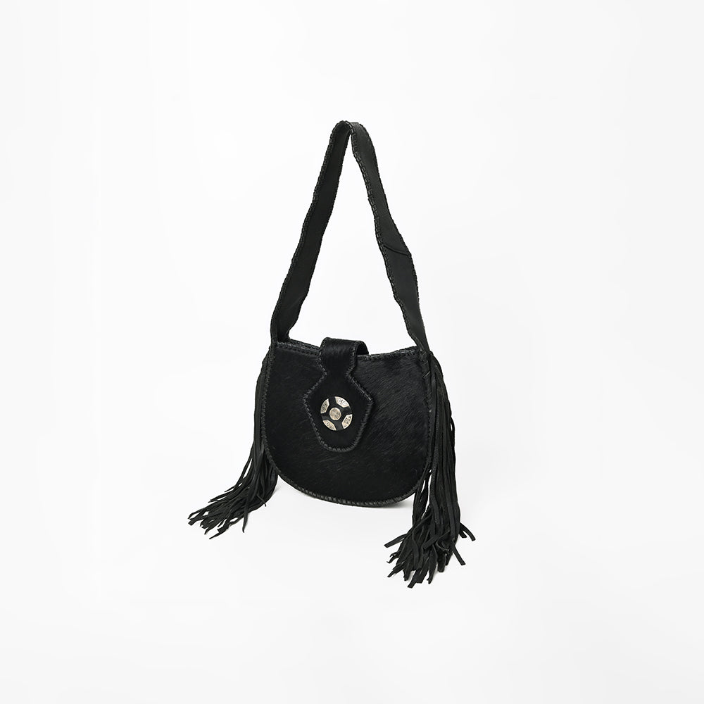 American Darling Black Hair-On Hide Leather Fringe Shoulder Bag w/ Concho