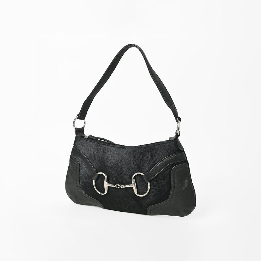 American Darling Black Hair-On Hide Hobo Shoulder Bag with Silver Horse Bit