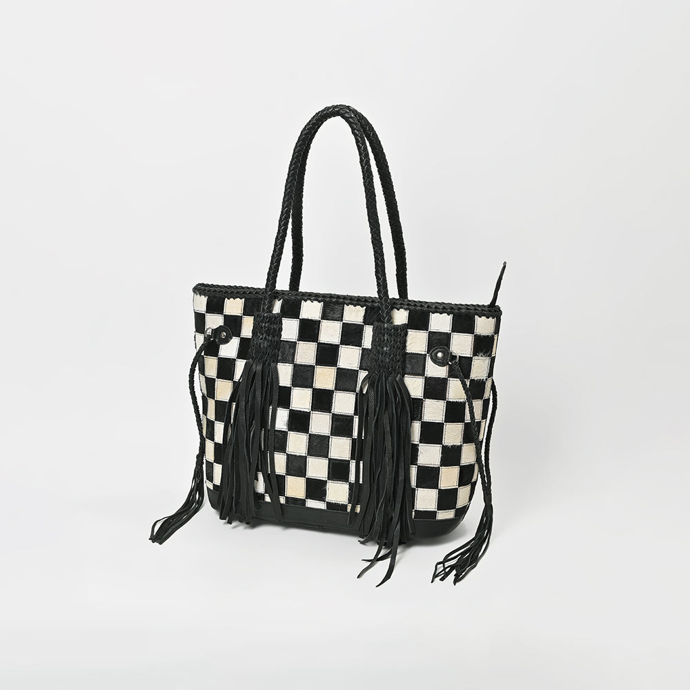 Genuine Cowhide Leather Tote Bag for Women – Black & White Checkered Hair-On Bag