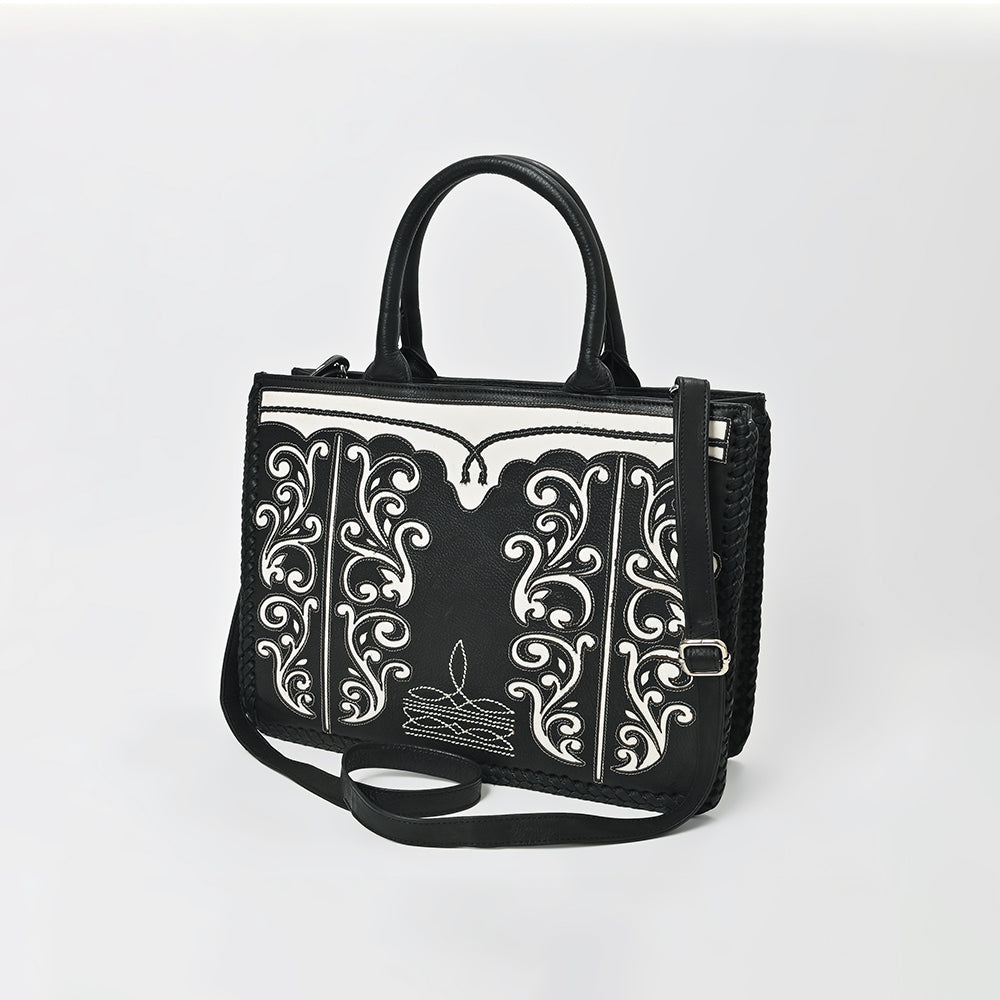American Darling Black & White Western Tooled Leather Handbag for Women – Floral Embossed Satchel