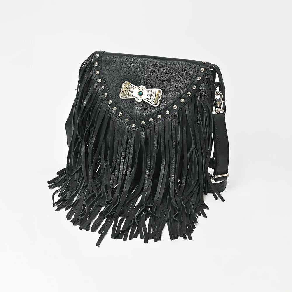 American Darling Genuine Leather Fringe Crossbody Bag for Women, Western Boho Shoulder Purse with Studded Flap Detail