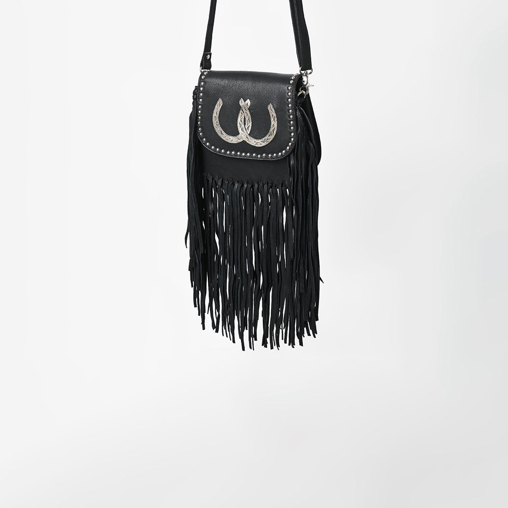 American Darling Black Genuine Leather Fringe Crossbody Bag w/ Horseshoe Concho