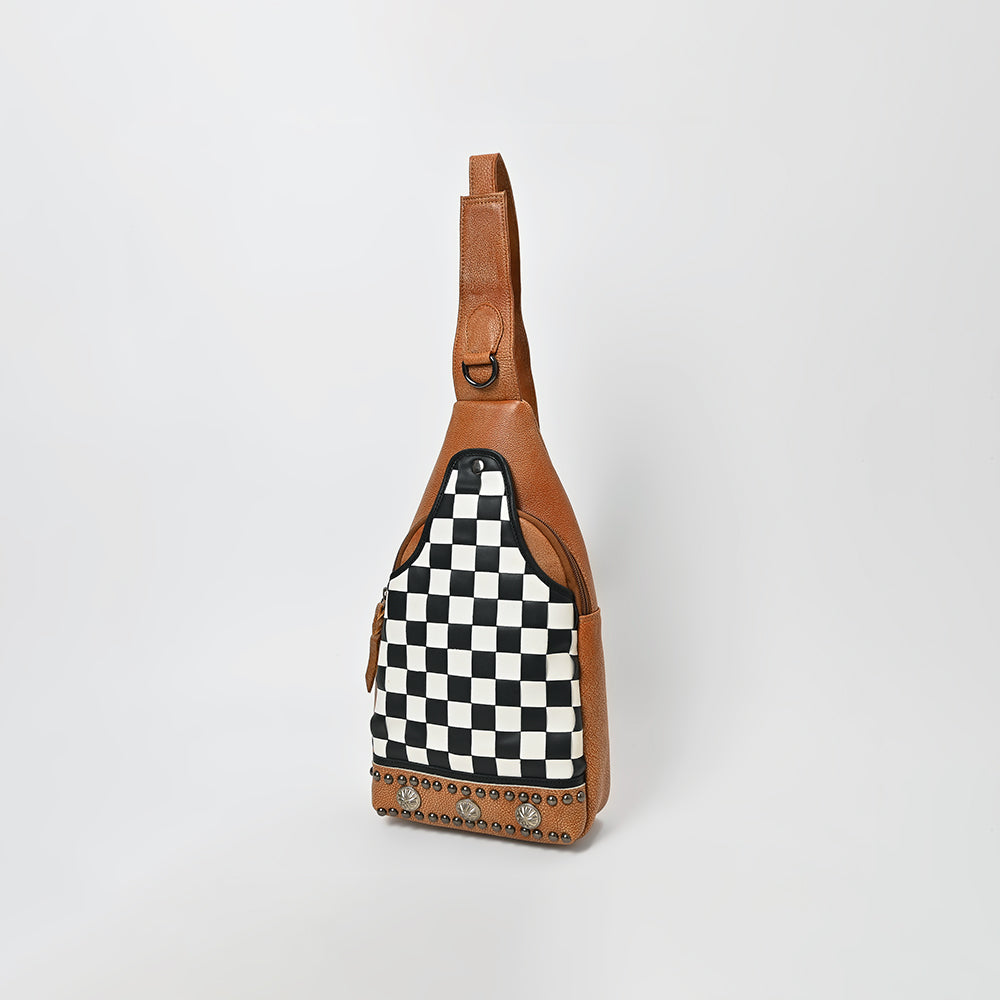 American Darling Chestnut Sling Bag Black White Checkered Panel Crossbody Style