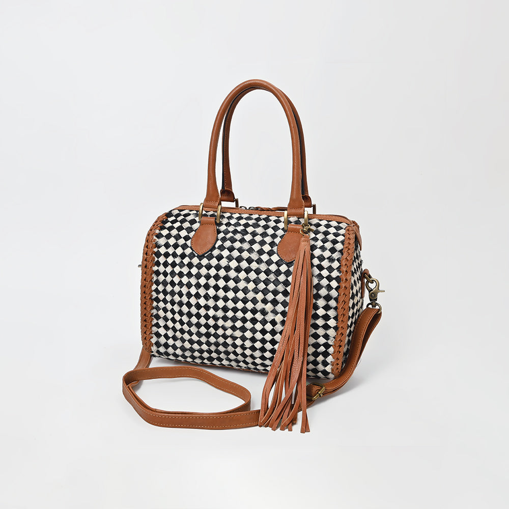 American Darling Woven Hair-On Hide Leather Satchel Bag for Women, Western Crossbody Purse with Tassel