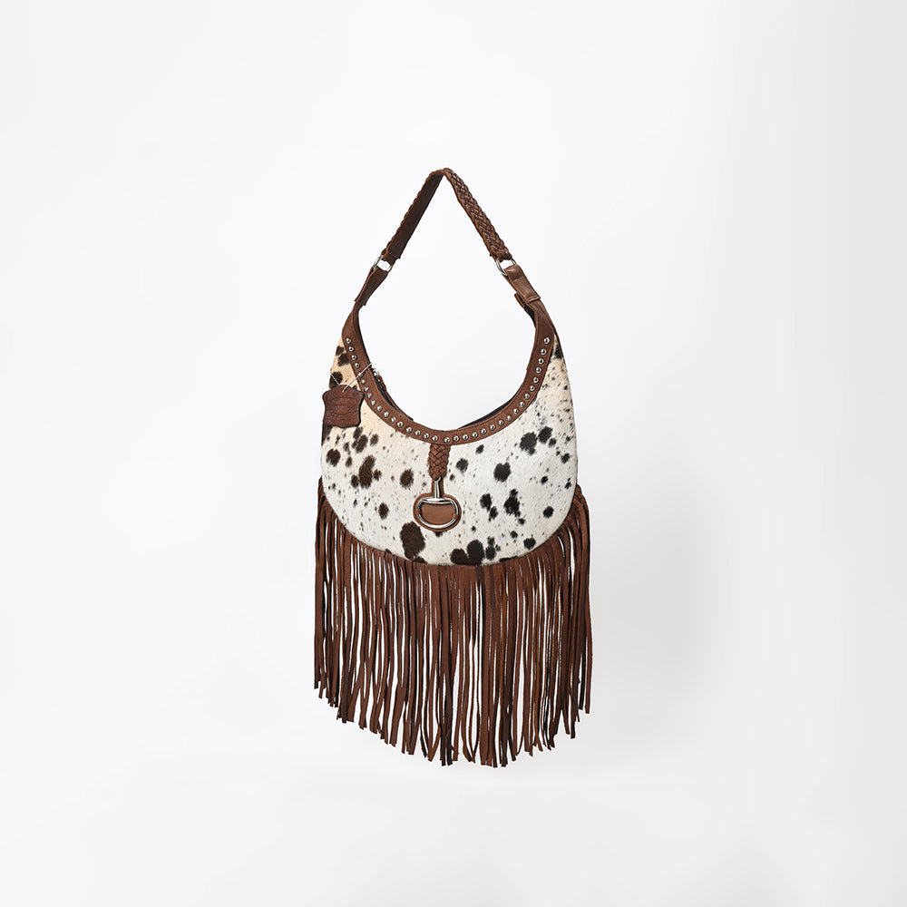 American Darling Spotted Cowhide Leather Fringe Hobo Shoulder Bag with Concho