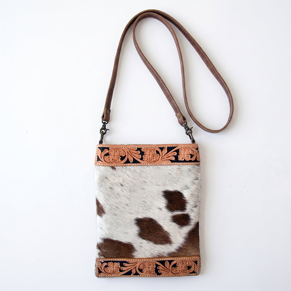 American Darling Hair-On Cowhide Leather Crossbody Bag for Women, Brown White Tooled Western Shoulder Purse, Premium Fashion Travel Gift