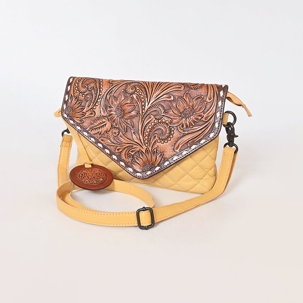 American Darling Yellow Leather Quilted Hand Tooled Flap Crossbody Bag