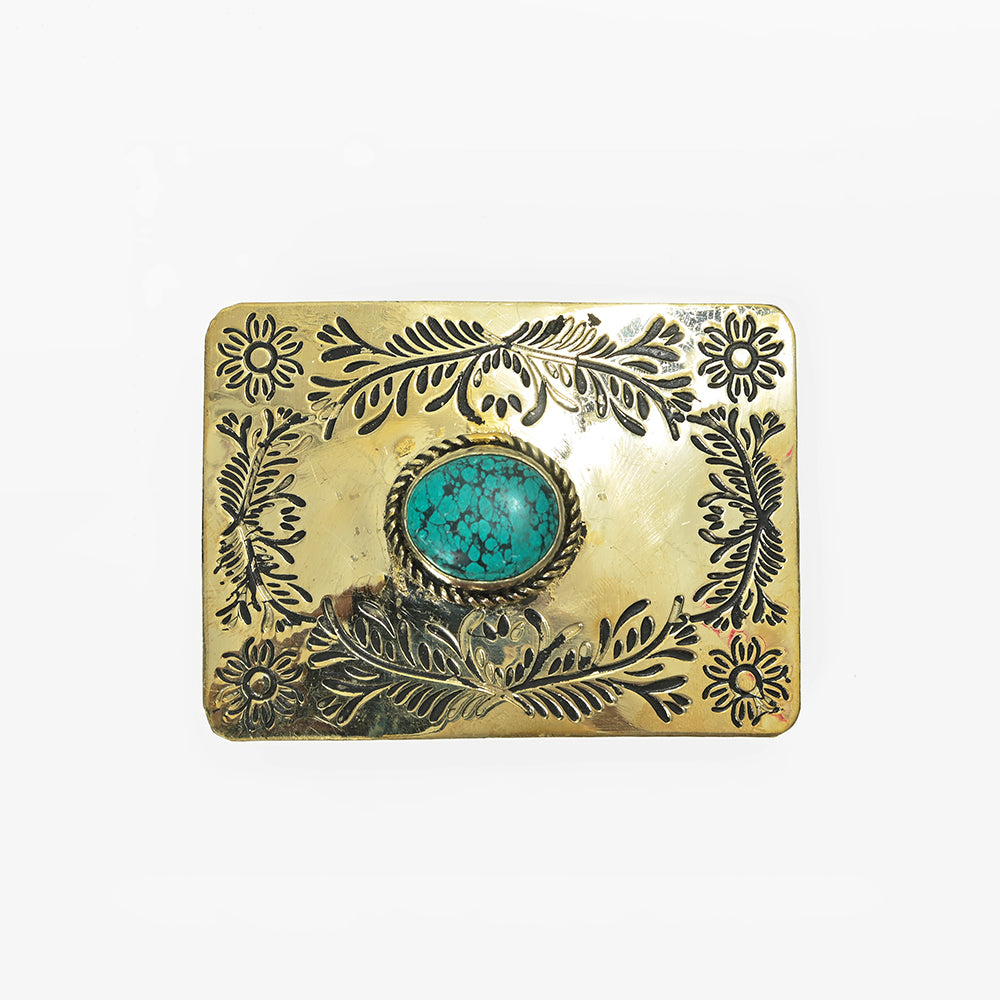 American Darling Belt Buckle Engraved Brass Turquoise Rhinestone Scrollwork