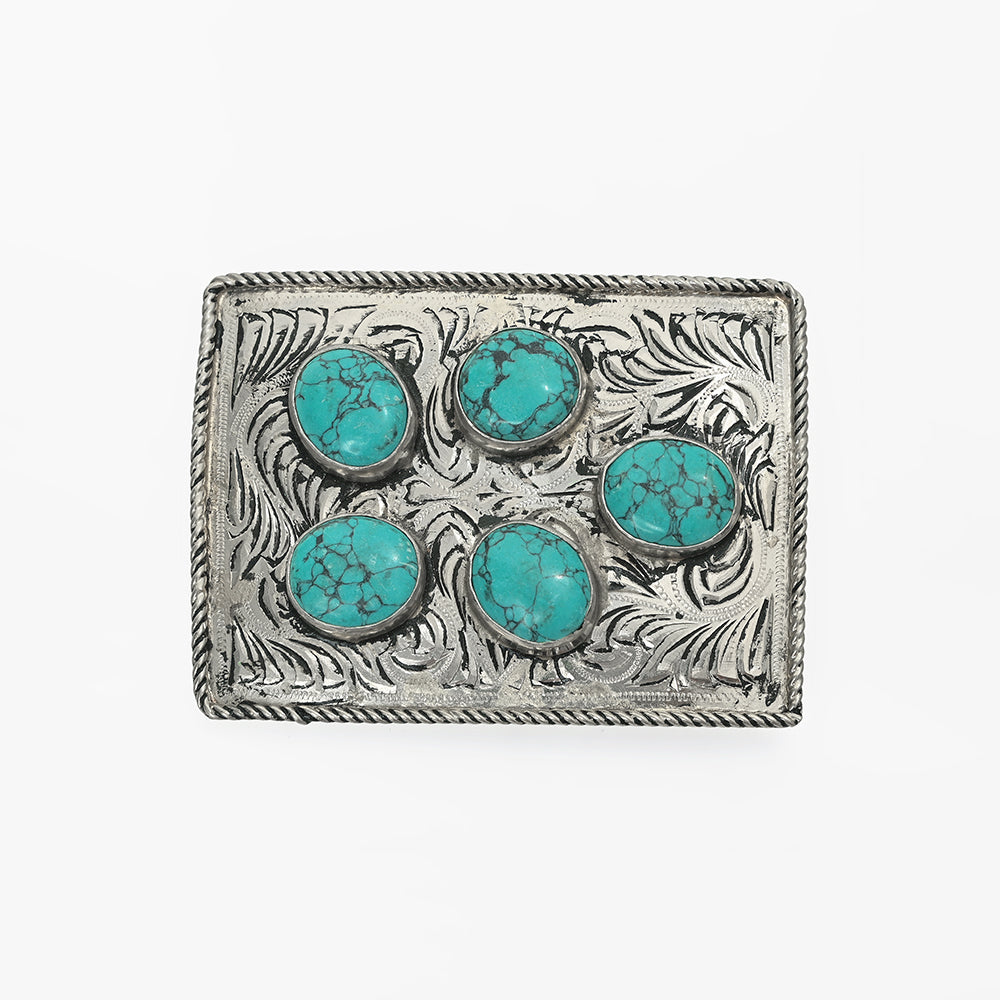American Darling  Belt Buckle Engraved Brass Turquoise Rhinestone Scrollwork