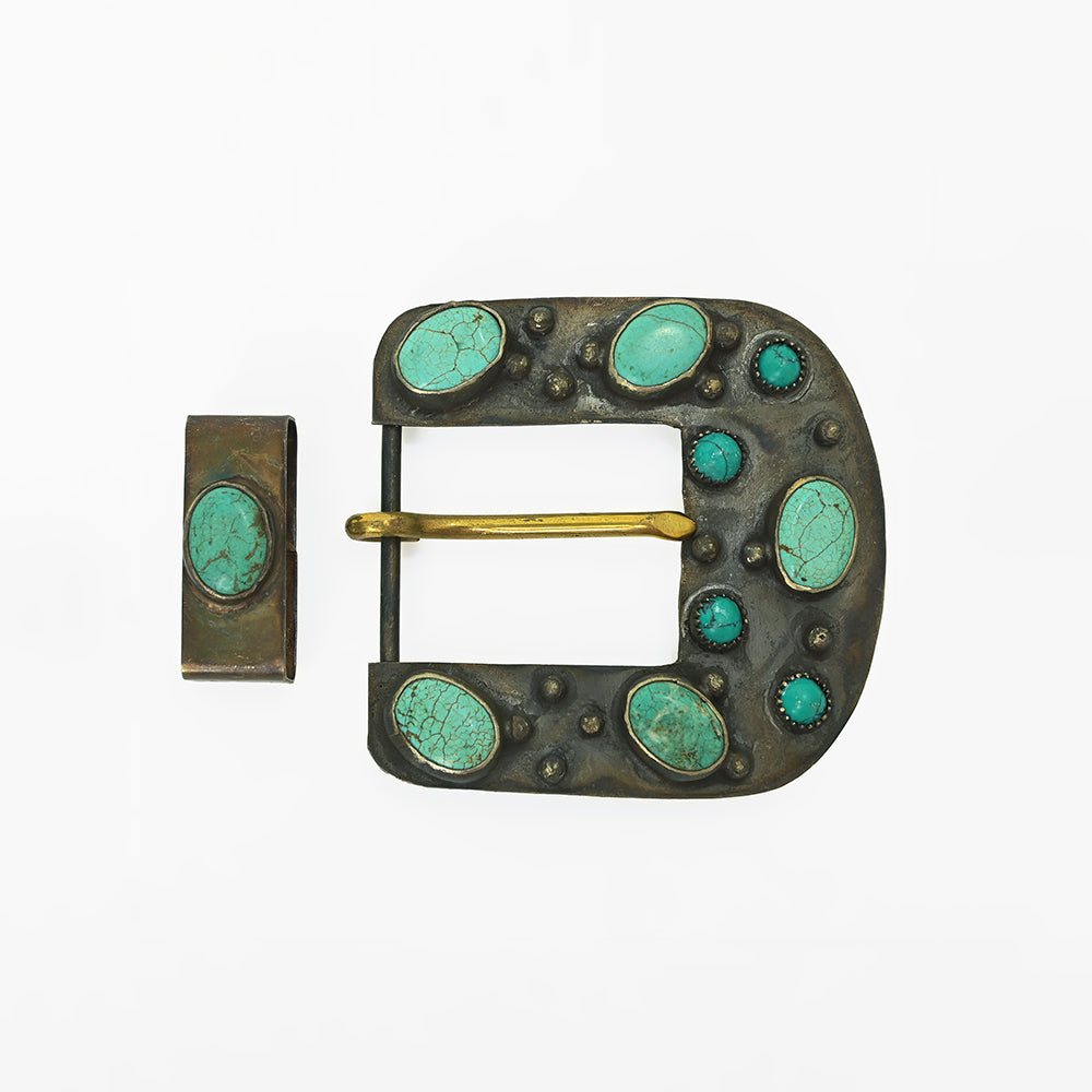 American Darling Vintage Southwest Turquoise Belt Buckle and Keeper Set – Antique Brass Tone Cowboy Buckle Hardware