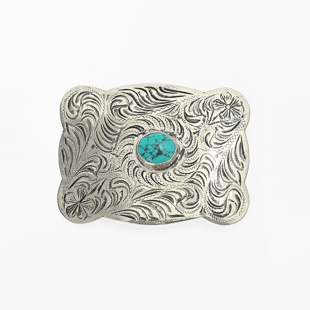 American Darling Western Scalloped Edge Floral Engraved Belt Buckle with Turquoise Stone – Antique Silver Tone Cowboy Buckle