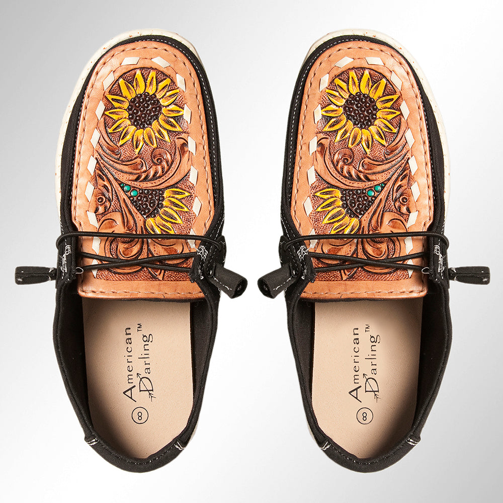 American Darling Hand Tooled, Carved Genuine Leather Trim Lightweight Shoe Footwear, Slip On| Tooled Footwear