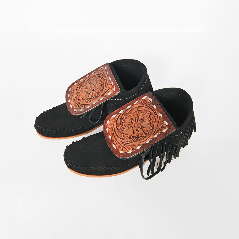 American Darling Hand Tooled Leather Flap Moccasins – Black Suede Western Fringe Shoes