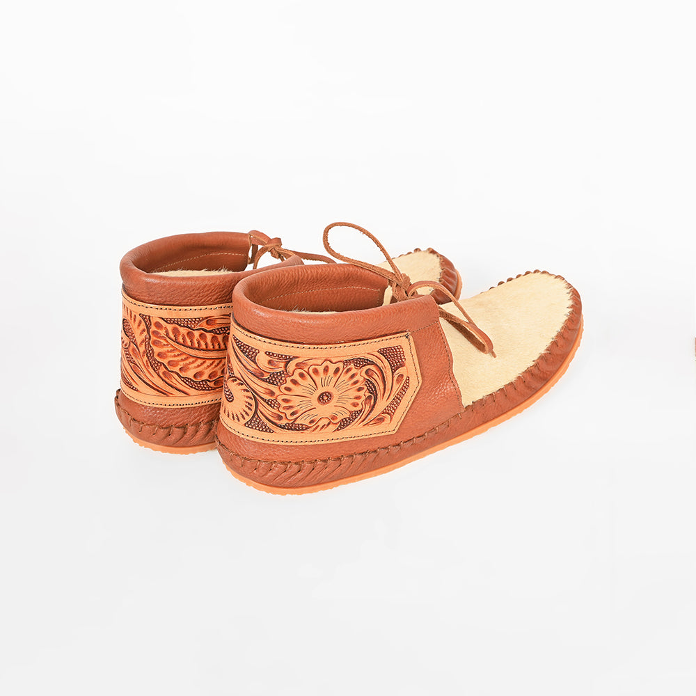 American Darling Hand Tooled Leather Hair-on-Hide Moccasins – Western Floral Ankle Moc Boots