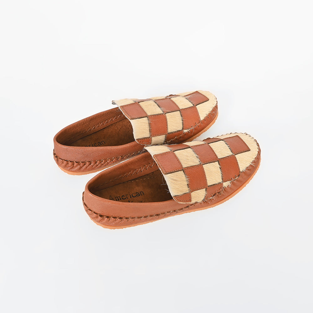 American Darling Checkerboard Hair-on-Hide Moccasins – Cognac Leather Slip-On Loafers