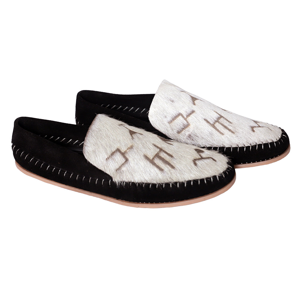 American Darling Western Hair-on-Hide Moccasins – Print Black Suede Slip-On Loafers