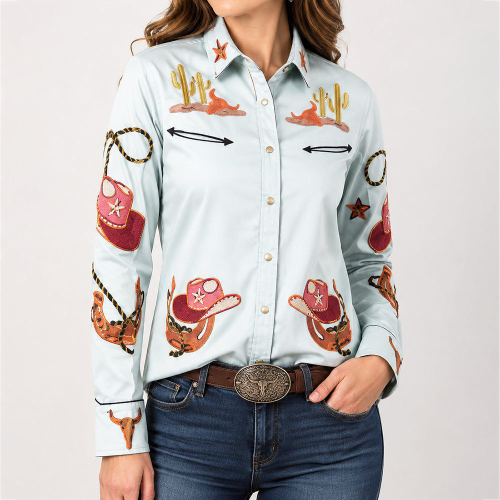 American Darling Light Sage Green Embroidered Western Shirt – Cotton Lycra Cowboy Motif Top