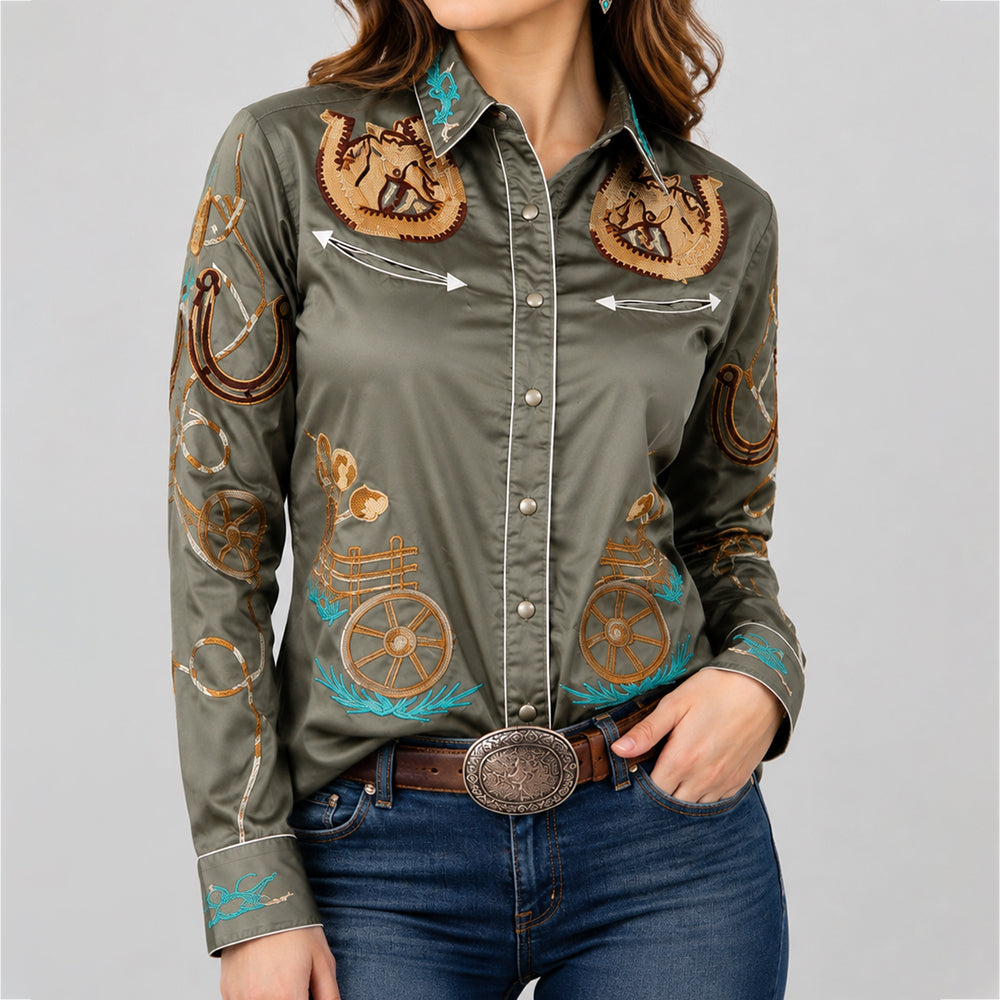American Darling Sage Green Embroidered Western Shirt – Cotton Twill Horseshoe & Wagon Snap Top