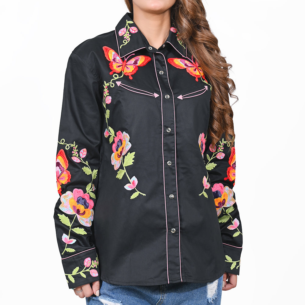 American Darling Western Apparel for Women Black Satin Cotton Shirt with Vibrant Floral & Butterfly Hand-Stitched Embroidery