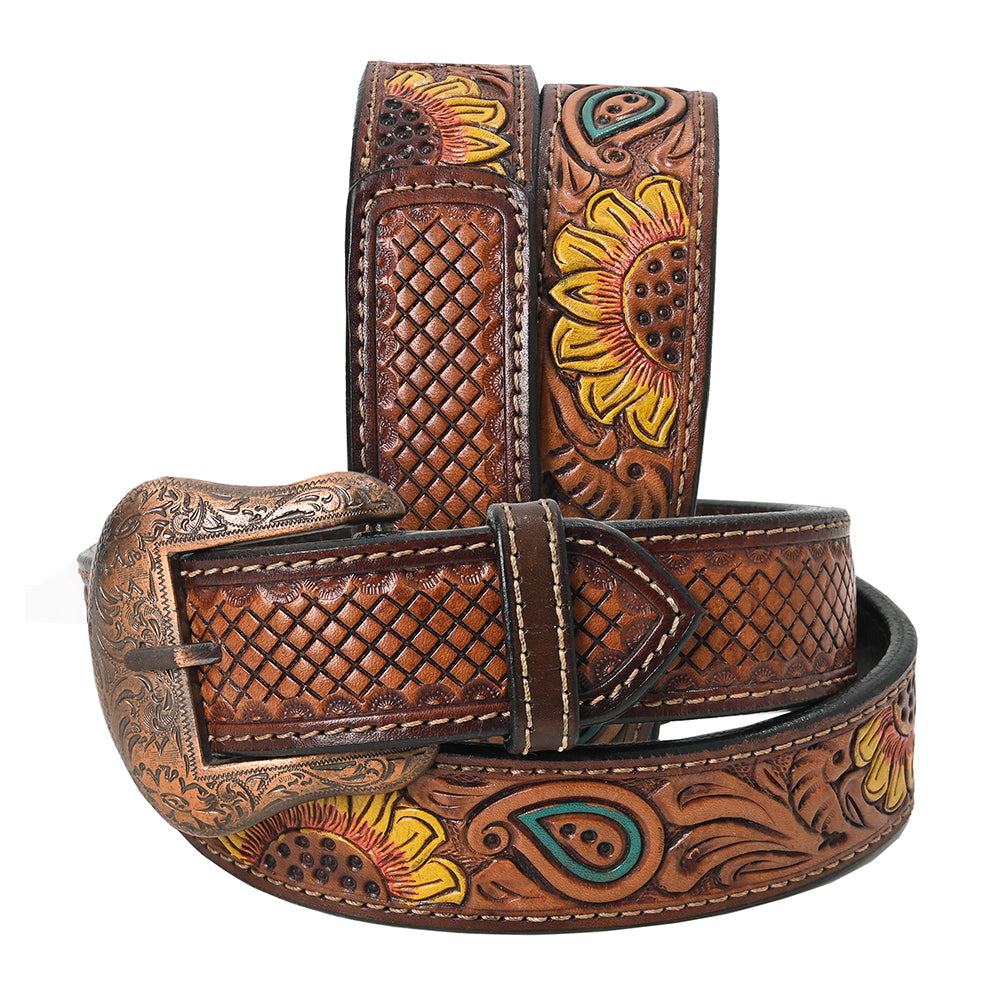 BAR H EQUINE Brown Sunflower Floral Hand Painted Genuine Leather Men & Women Belt Unisex Western