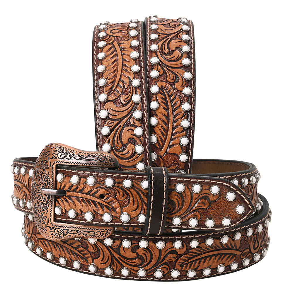 Bar H Equine Floral Leaf White Crystal Hand Carved Genuine Leather Brown Unisex Western Belt | for Men Women wit
