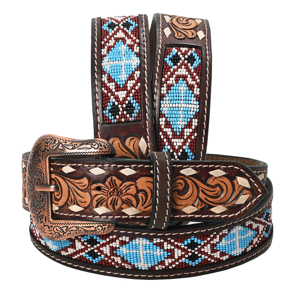 Bar H Equine Hand Tooled Genuine Leather Crafted Unisex Brown Western Belt Beaded Carving | Bead Belts for Women Men