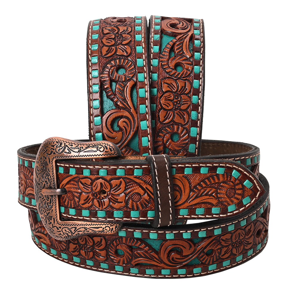 BAR H EQUINE Brown Floral Cactus Bull Hand Carved Genuine Leather Men & Women Belt Unisex Western with Removable Buckle