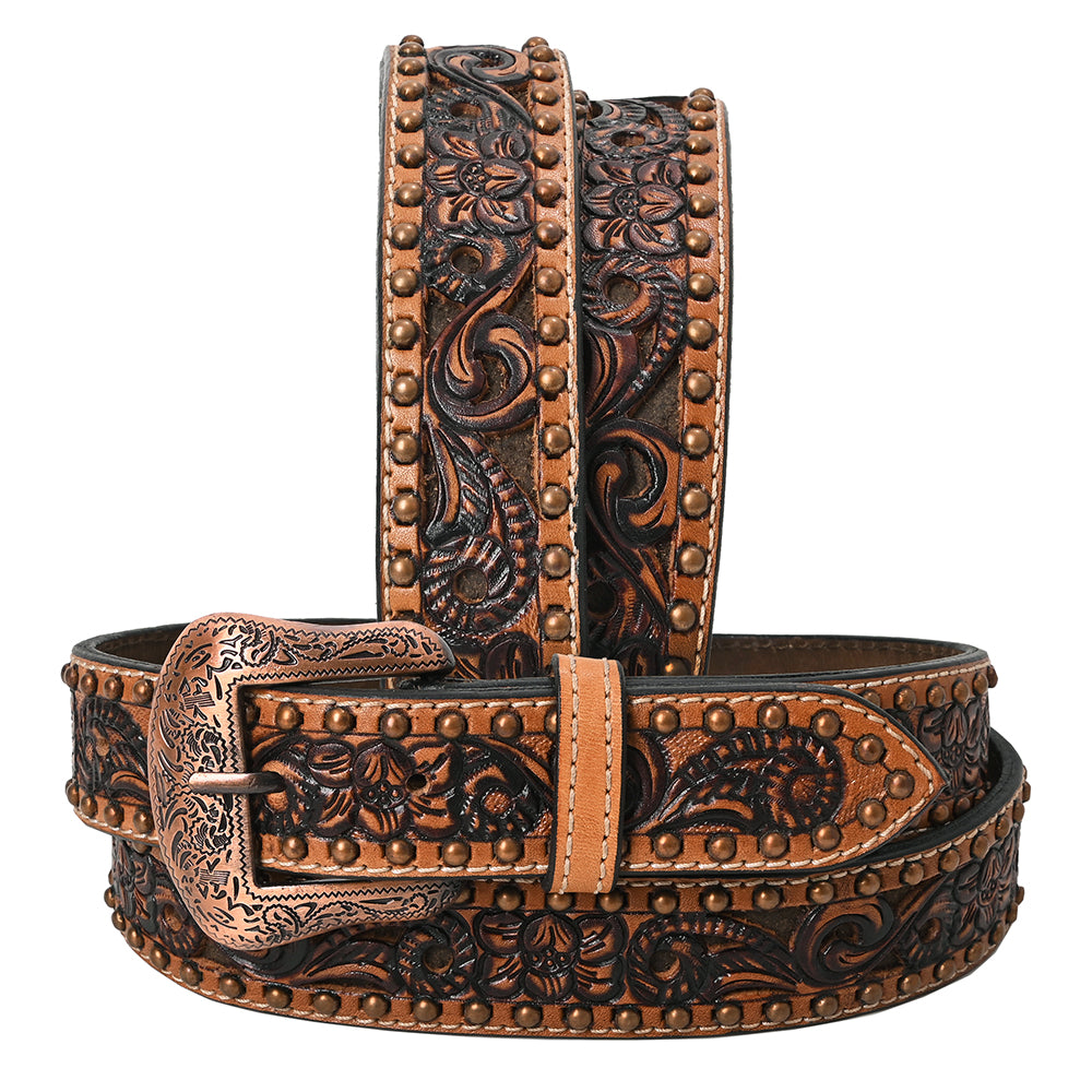 BAR H EQUINE Brown Turquoise Buckstitch Floral Carved Genuine Leather Men & Women Belt Unisex Western with Removable Buckle