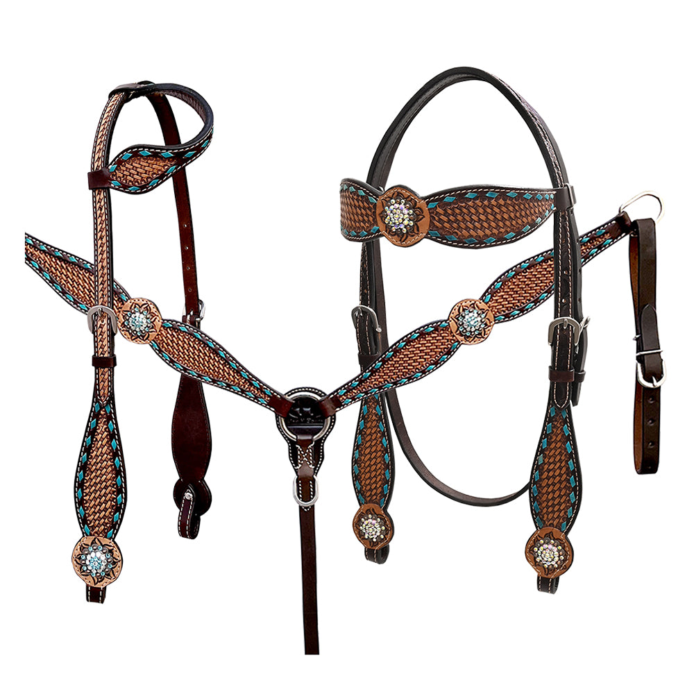 Bar H Equine Western Leather Horse Tack Set Basket Weave Carved Brown