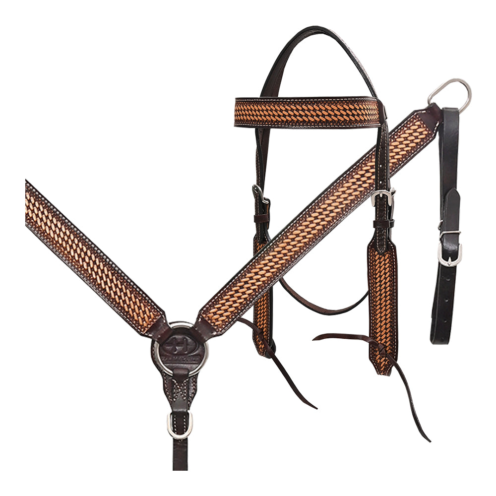 BAR H EQUINE Western Handtooled Leather Horse Headstall & Breast Collar Set | Tack