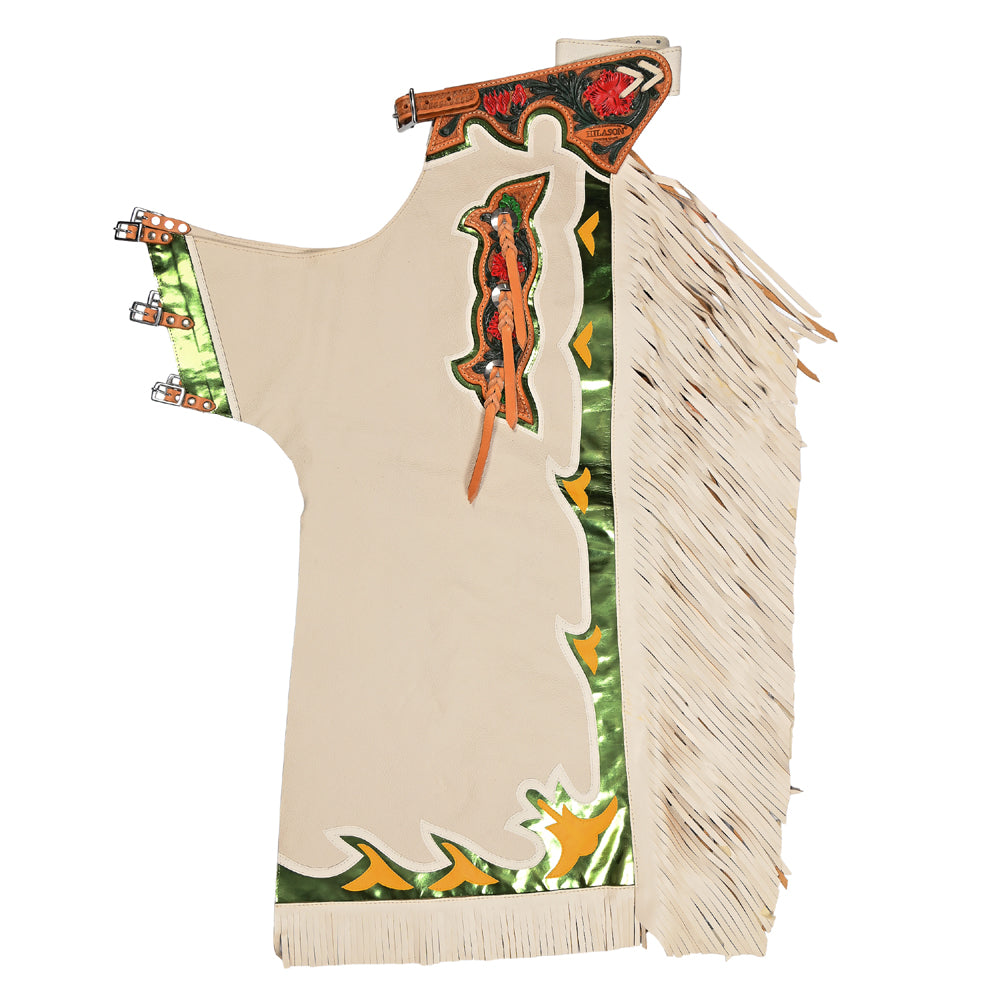 HILASON Bronc Bull Riding Genuine Leather Rodeo Western Chaps White Green Base | for Men and Women Unisex