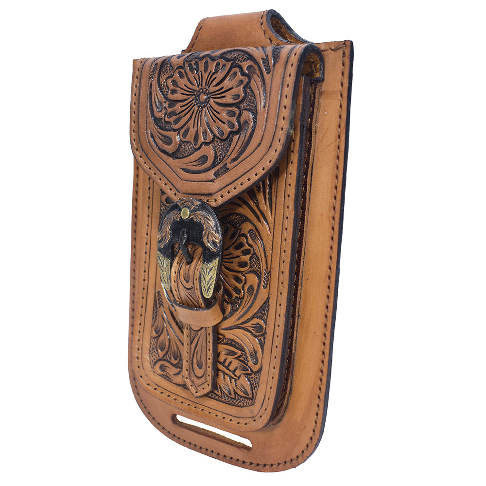 Hilason Western Horse Genuine Leather Cell Phone Case Brown With Gorgeous Floral Hand Carved