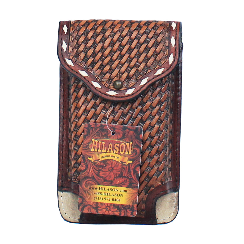 Hilason Basketweave Tooled Leather Cell Phone Case with Flap Closure