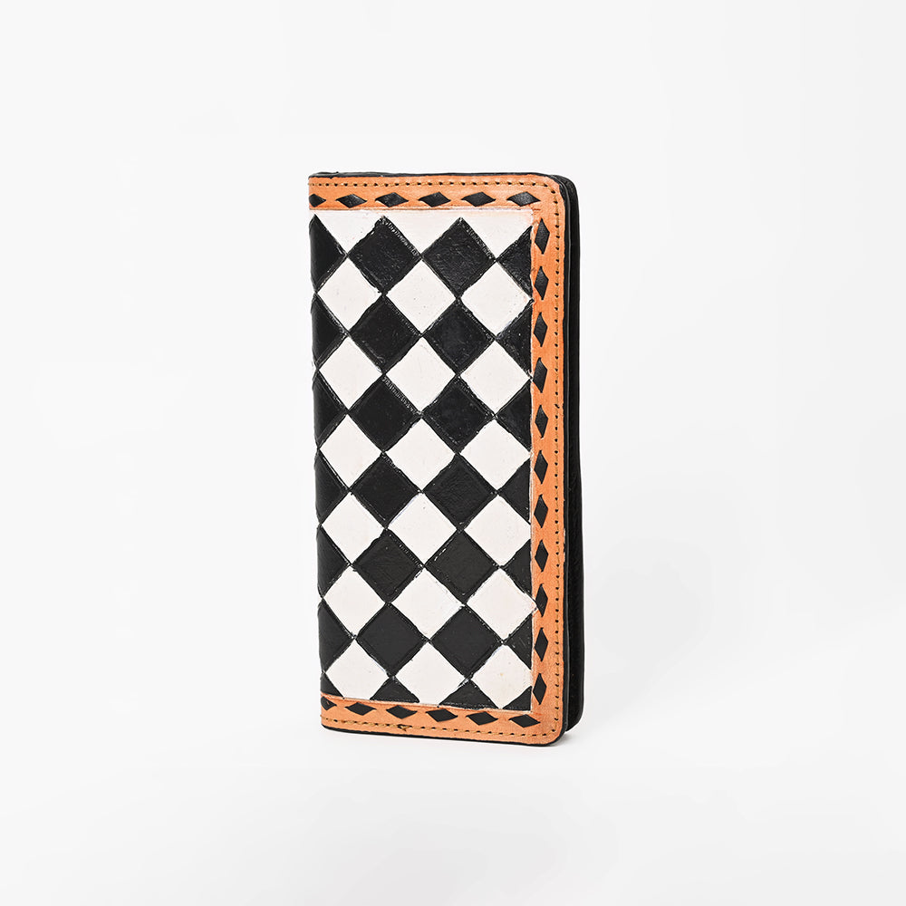 Ohlay Genuine Western Leather Checkerboard Wallet Long Continental Purse