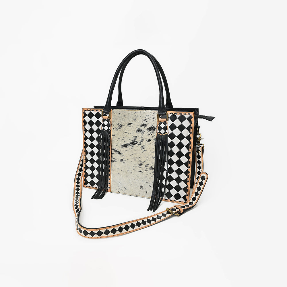 Ohlay Tote Hair-On Leather Checkerboard Western Handbag Fringe Shoulder Bag