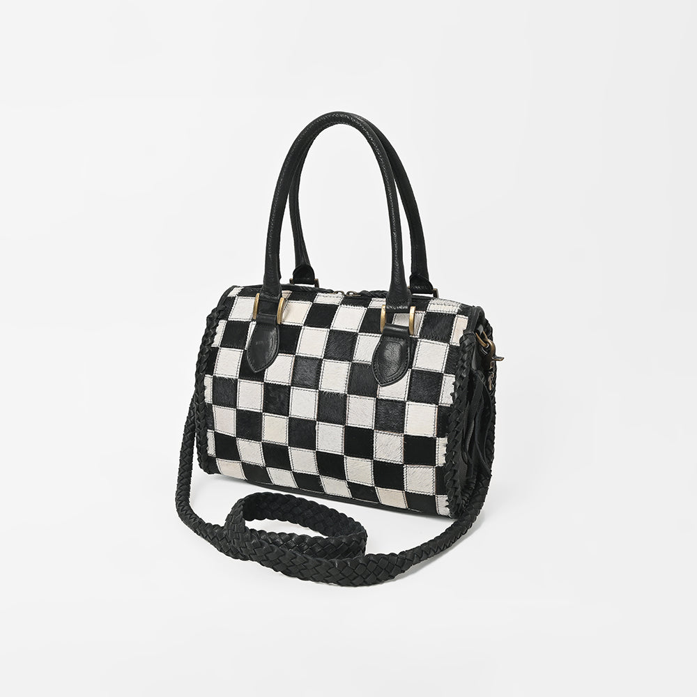 American Darling Hair-On Hide Satchel Bag for Women, Checkered Leather Handbag with Braided Crossbody Strap Black & White