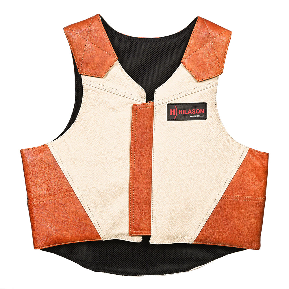 Lrg Hilason Western Horse Bull Riding Vest Pro Rodeo Leather Gear Equipment Brown/White Safety Protective